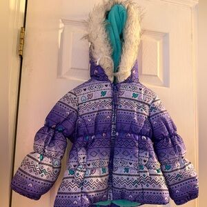 London Fog Teal and Purple Patterned Jacket with Fur Trim